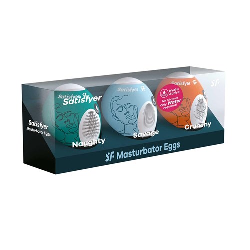 Satisfyer Crunchy, Naughty & Savage Masturbator Eggs with box packaging