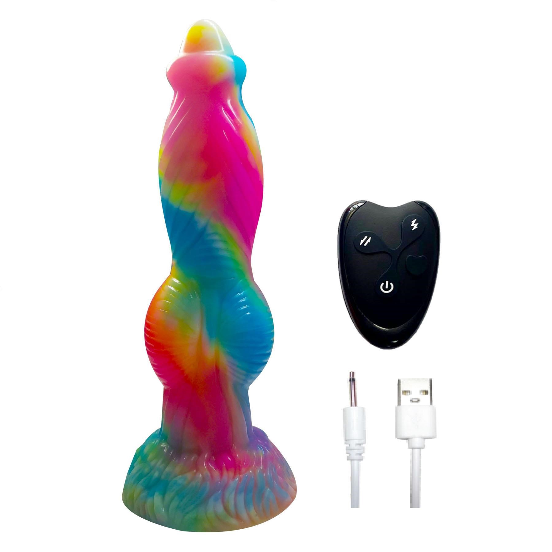Twisted Unicorn Remote Control Thrusting Dildo - Product and Remote with Charging Cable