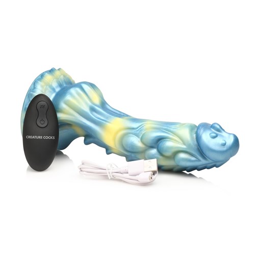 CreatureCocks Sea Stallion Vibrating Dildo with Remote - Product and Remote with Charging Cable