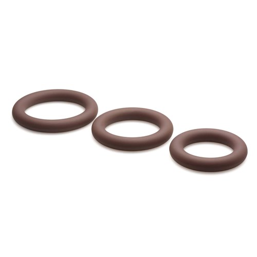 Jock Silicone Cock Ring Set brown 3 rings on table