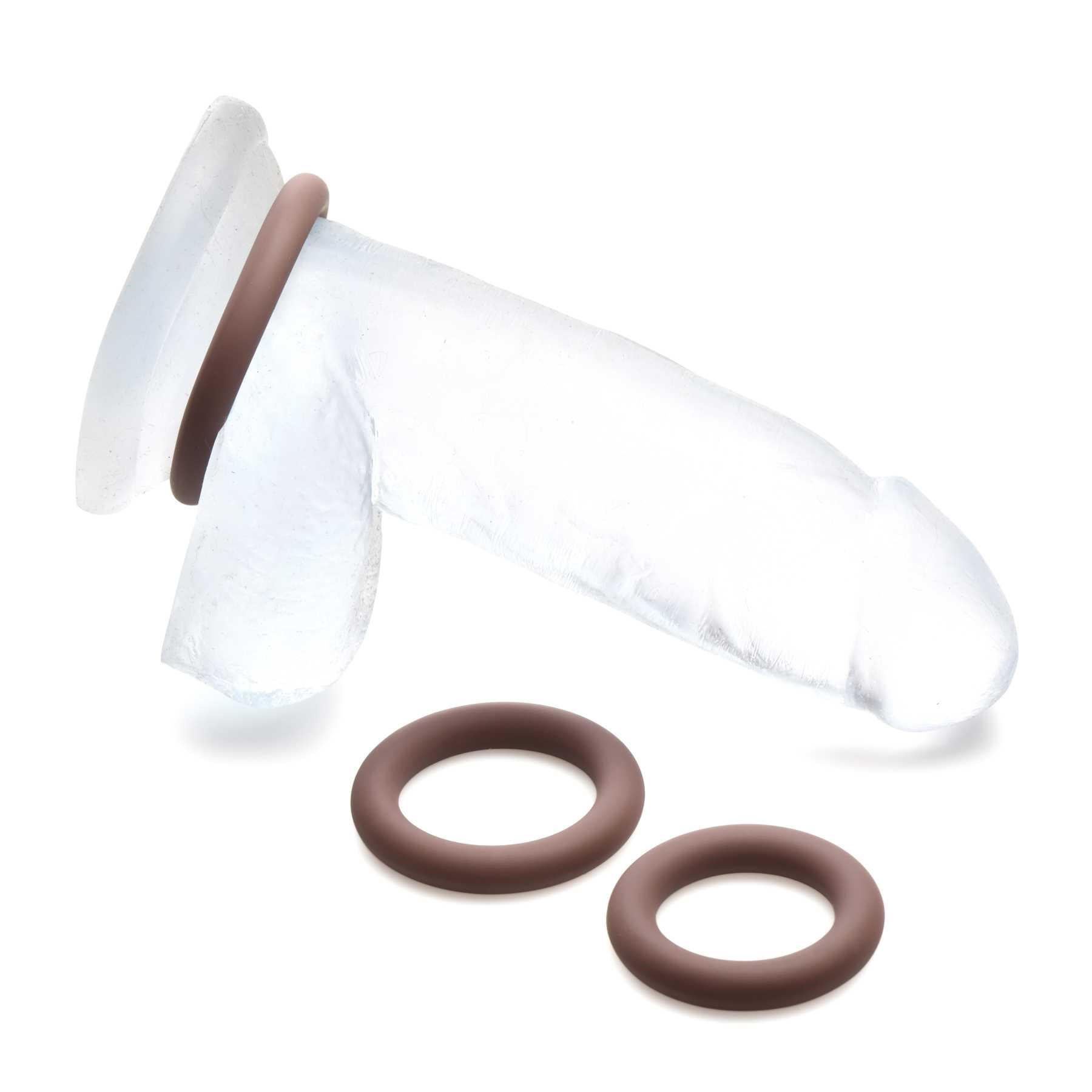 Jock Silicone Cock Ring Set brown with one ring on dildo and other 2 rings besides