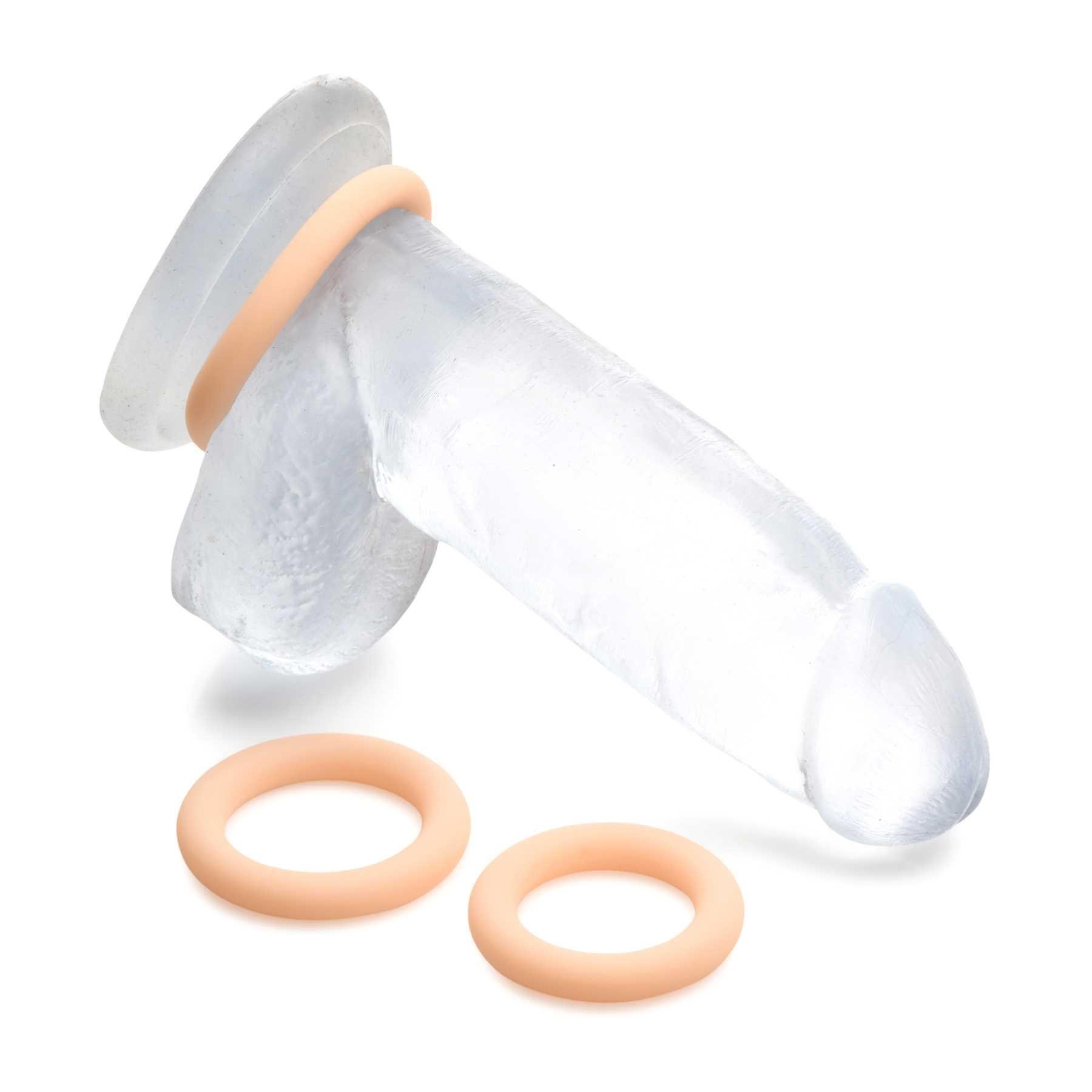 Jock Silicone Cock Ring Set white with one ring on dildo and other 2 besides
