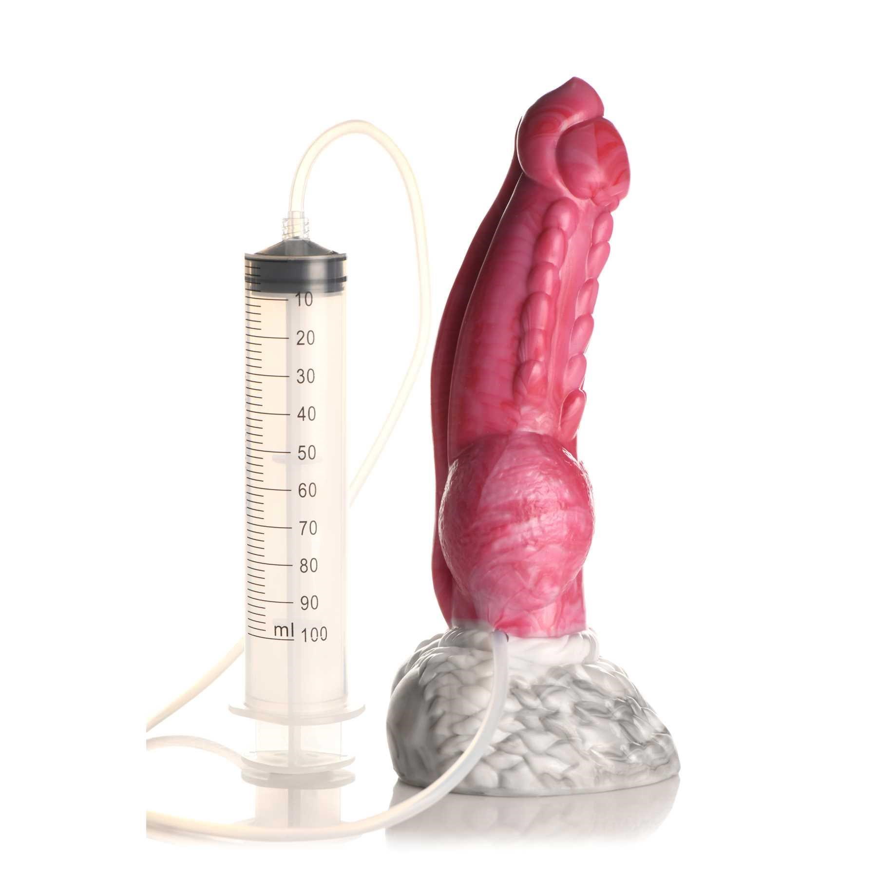 Creature Cock Resurrector Phoenix Squirting Silicone Dildo upright view with syringe