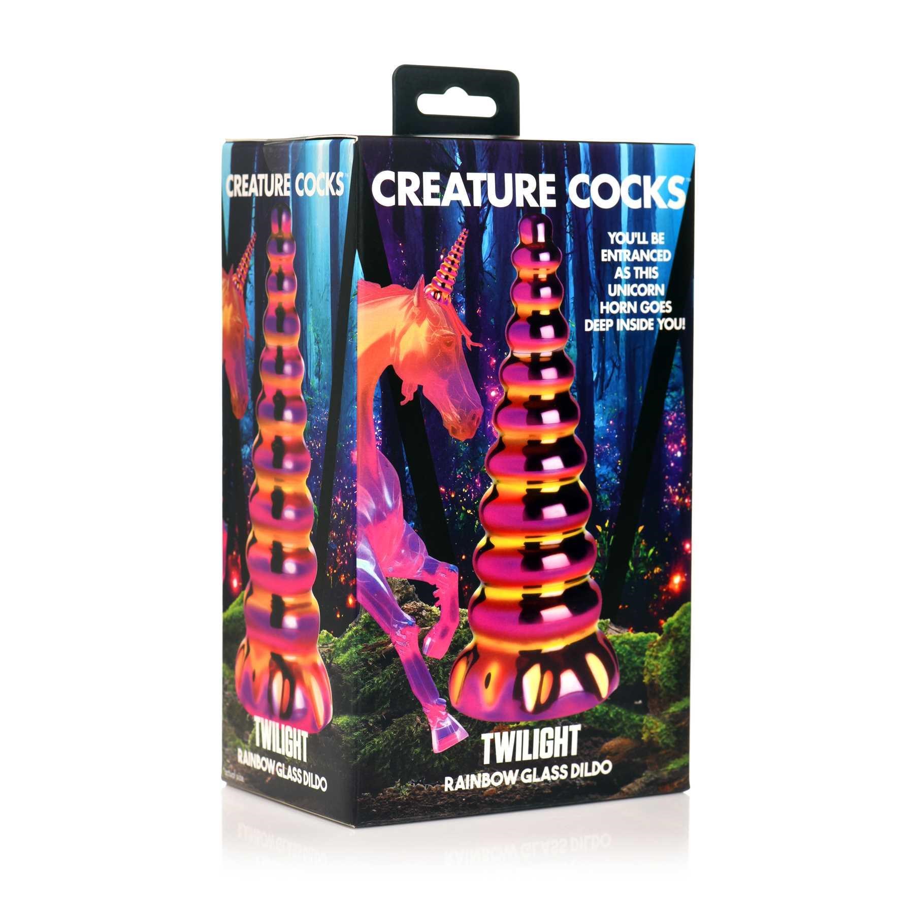 Creature Cock Twilight Rainbow Glass Dildo side view of box