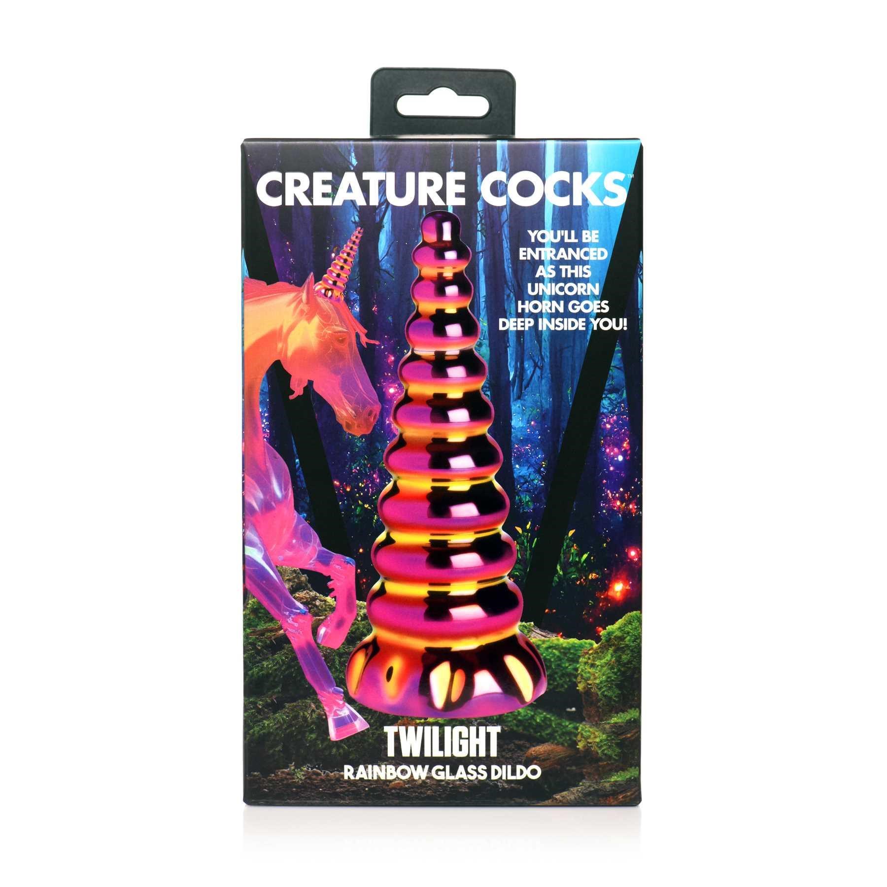 Creature Cock Twilight Rainbow Glass Dildo front view of box