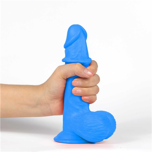 Get Lucky Mr. Navy 7.5 Dual Layer Dildo hand gripping with skin of shaft rolled up