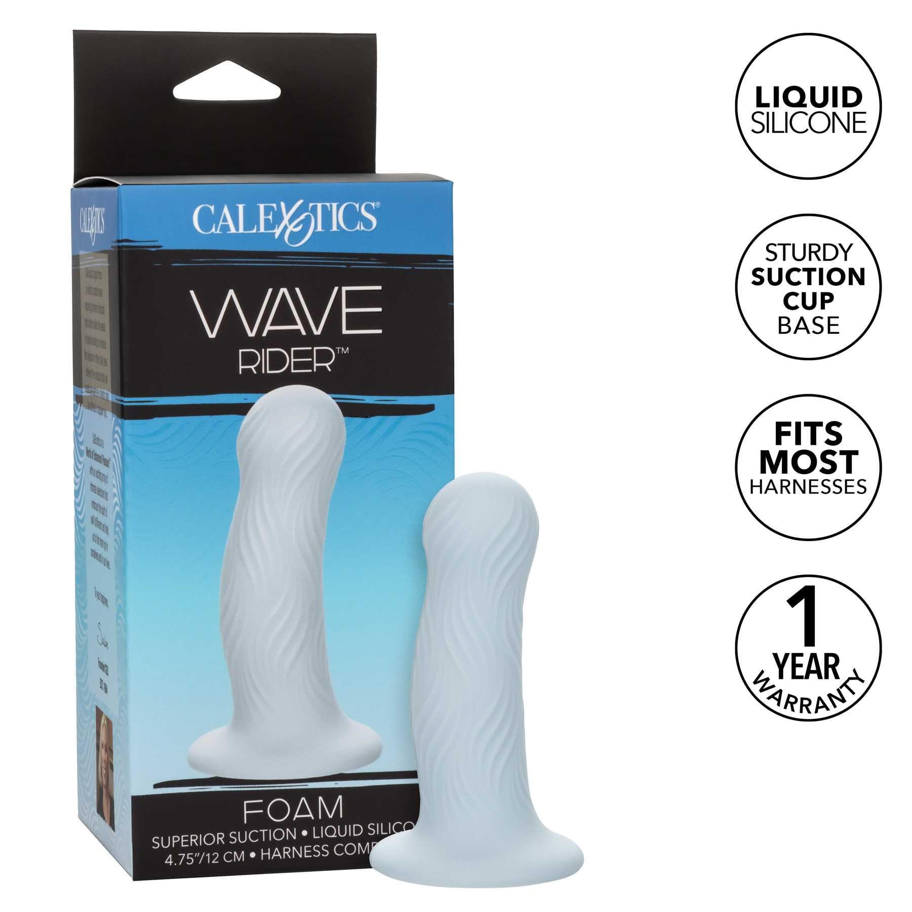 Wave Rider Foam Liquid Silicone Dildo with information call out and box