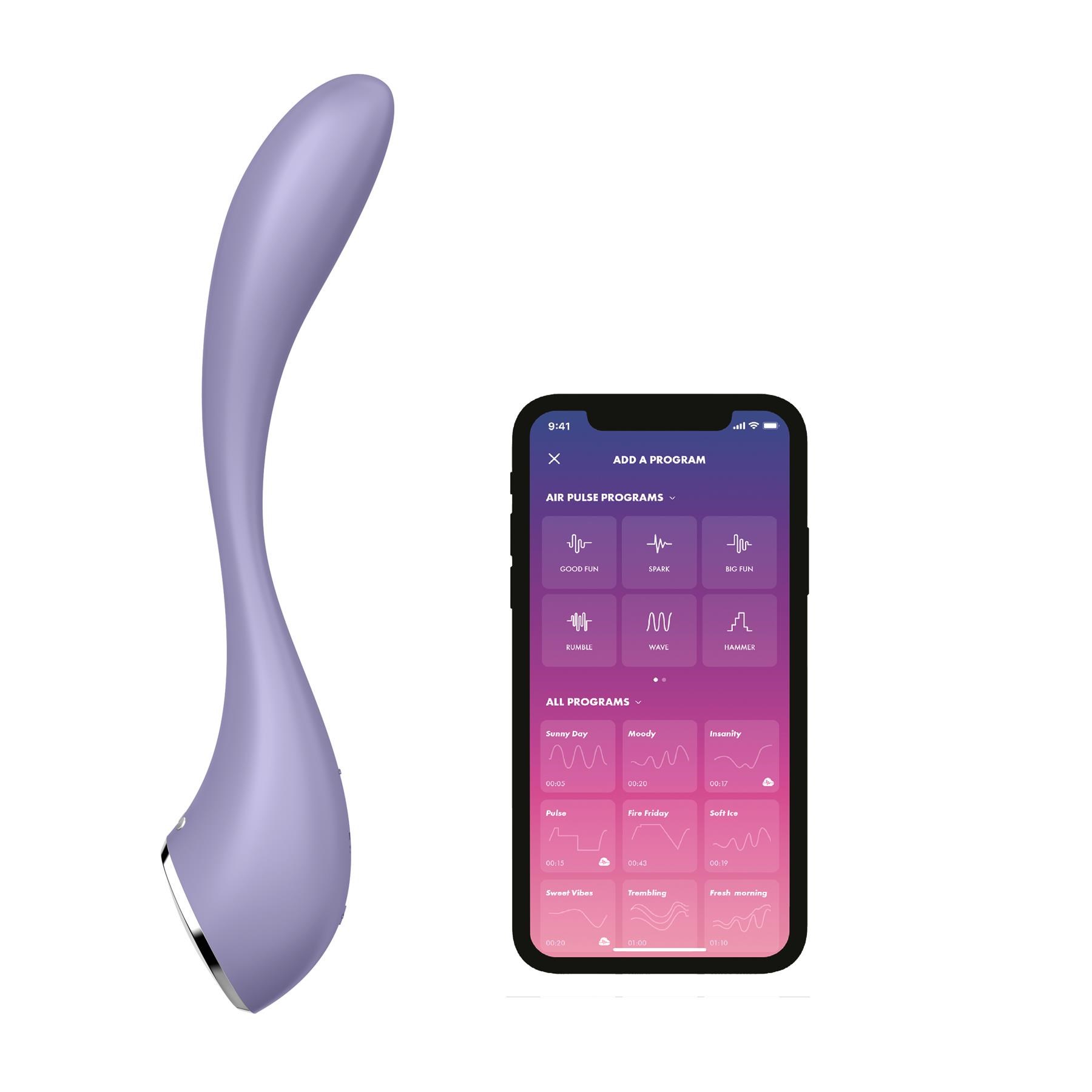 Satisfyer G-Spot Flex 5+ App Enabled Vibrator - Product Shot With Phone App