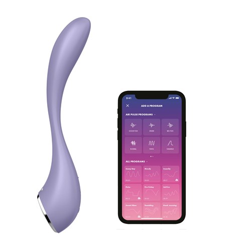 Satisfyer G-Spot Flex 5+ App Enabled Vibrator - Product Shot With Phone App