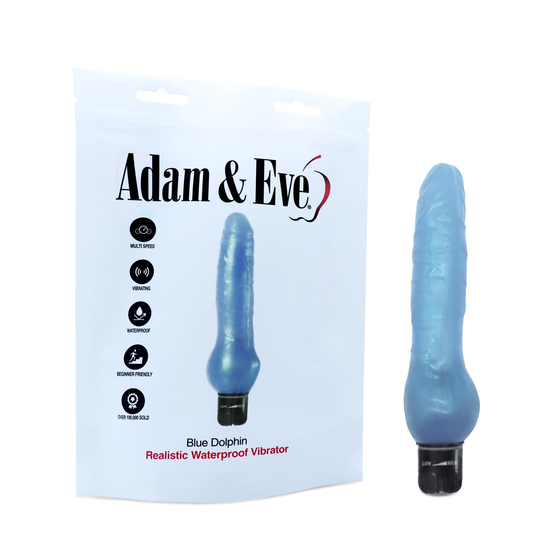 Adam & Eve Blue Dolphin straight shot with front of package