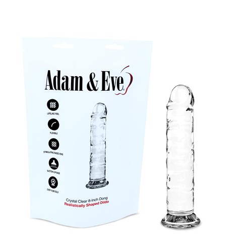 Adam & Eve Crystal Clear 8" Dong upright AND FRONT OF PACKAGE