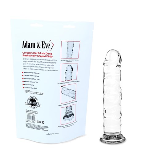 Adam & Eve Crystal Clear 8" Dong upright AND BACK OF PACKAGE