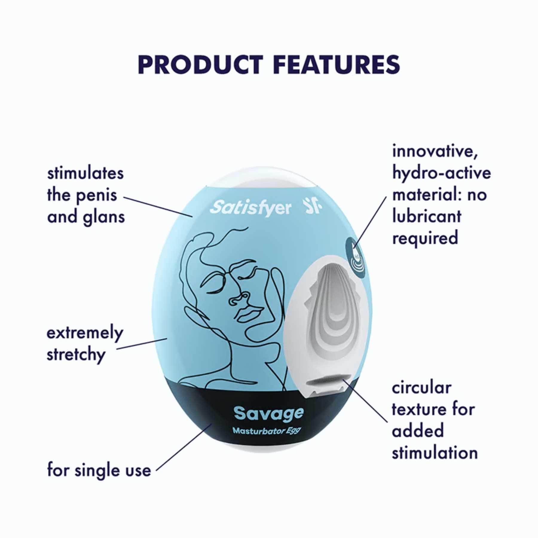 Satisfyer Masturbator Egg 3er Set - Savage product features call out sheet