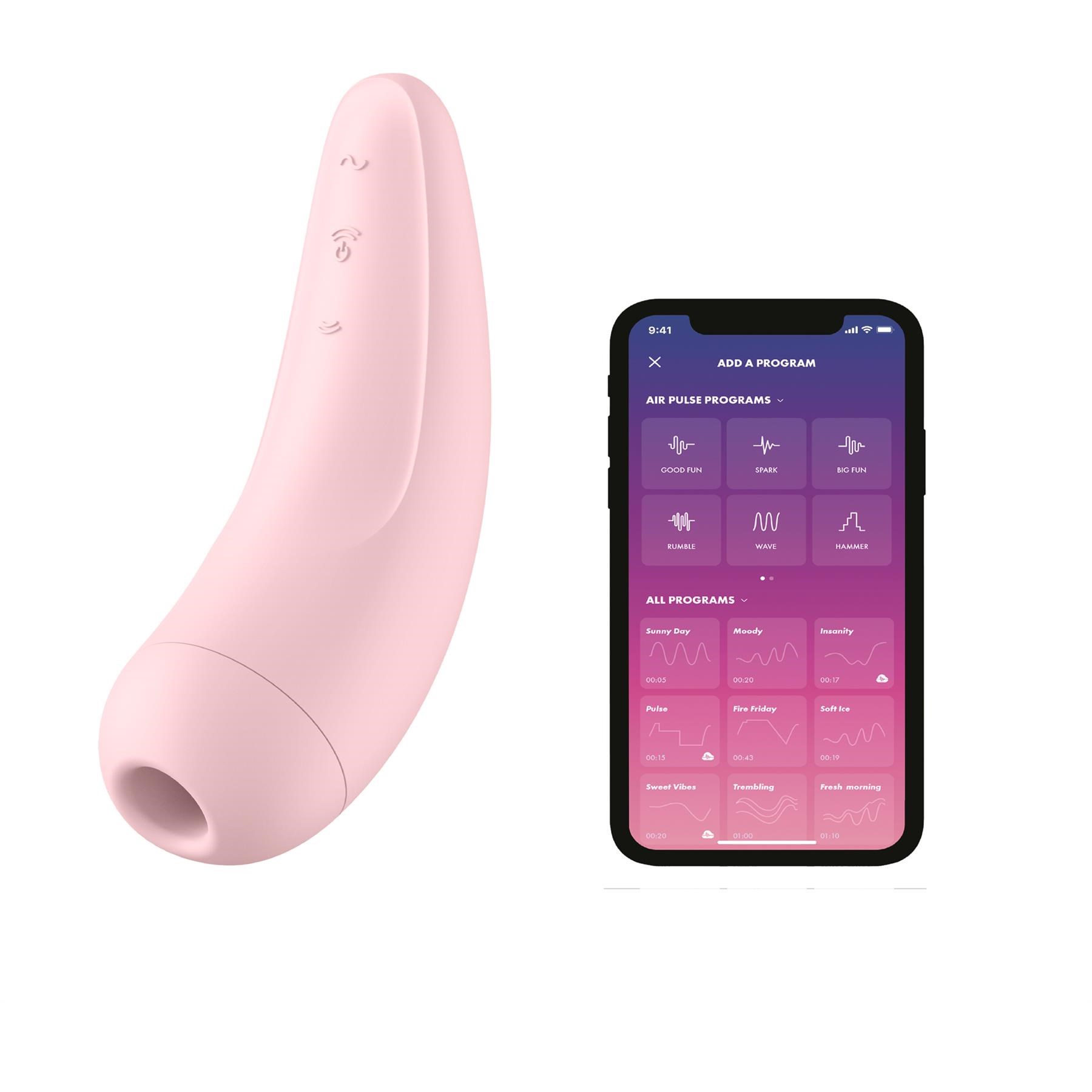 Satisfyer Curvy 2 Air Pulse Clitoral Stimulator product and phone with app shot