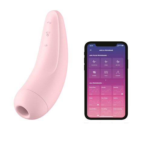 Satisfyer Curvy 2 Air Pulse Clitoral Stimulator product and phone with app shot