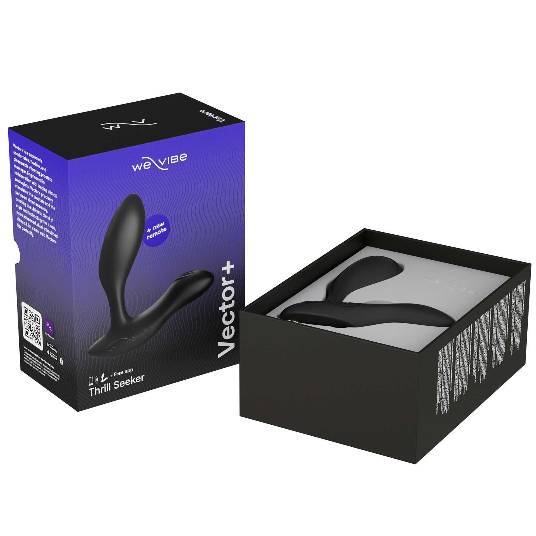 We-Vibe Vector+ Prostate Massager w.Remote box open on able