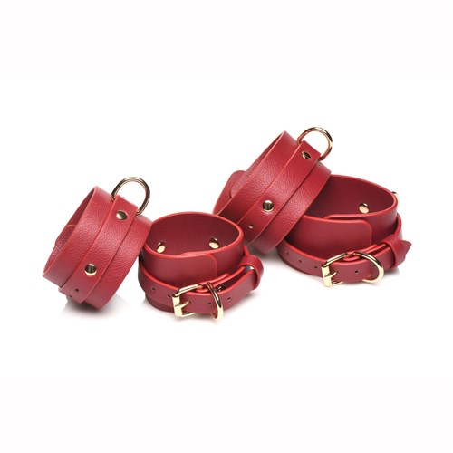 Crimson Captive Thigh, Wrist, Ankle Hog Tie Restraints with ankle and wrist cuff