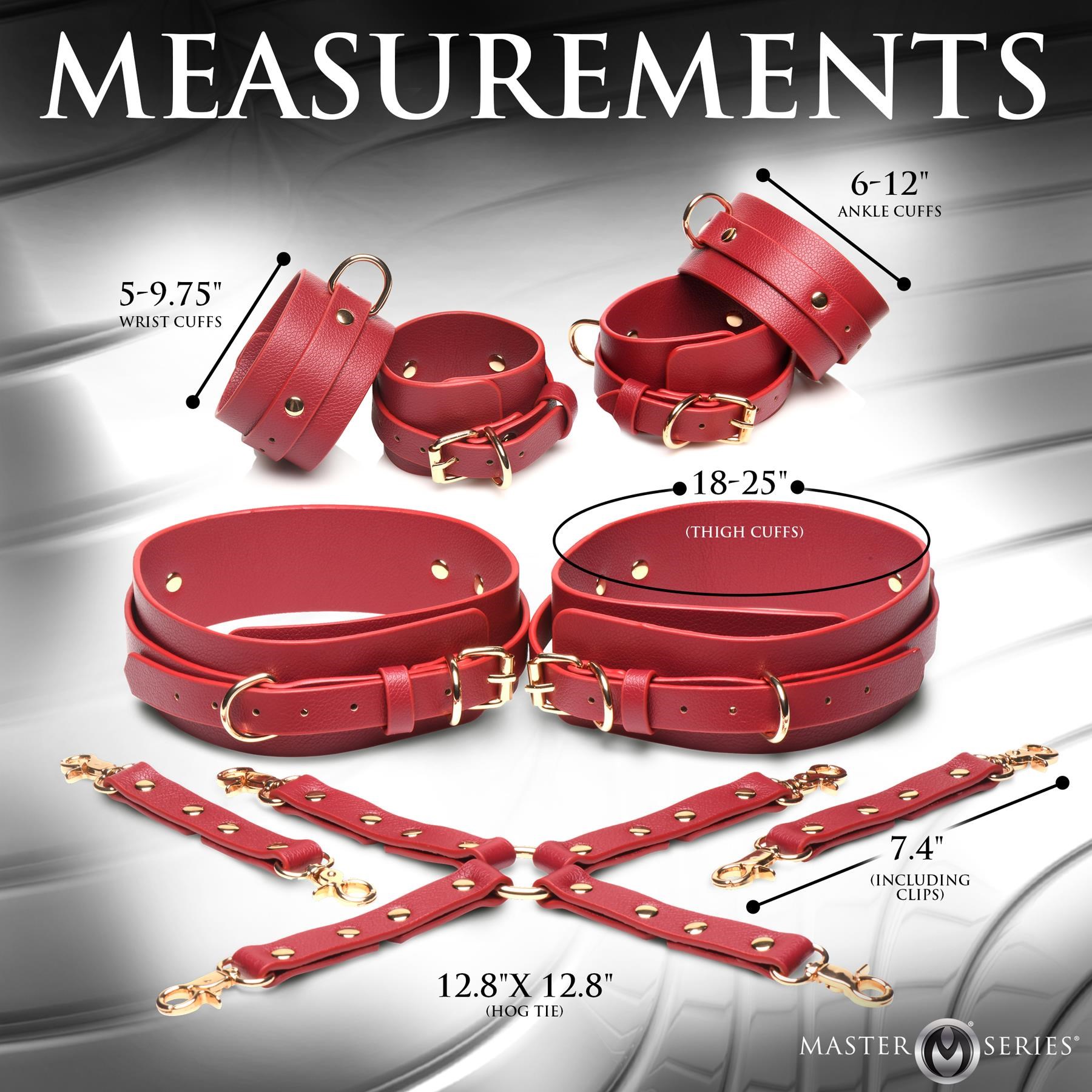 Crimson Captive Thigh, Wrist, Ankle Hog Tie Restraints measurements