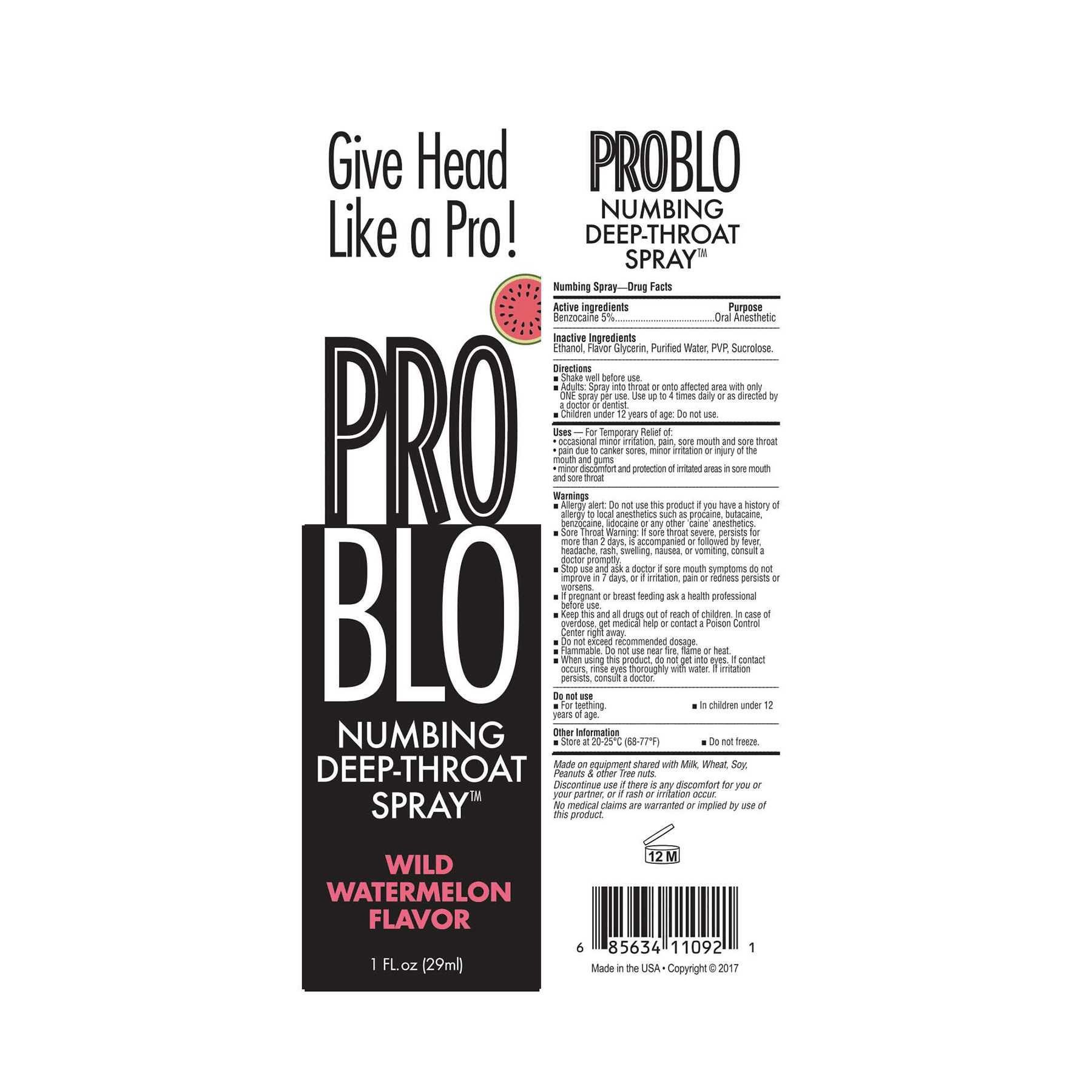 Pro Blo Throat Numbing Spray -Watermelon ingredients