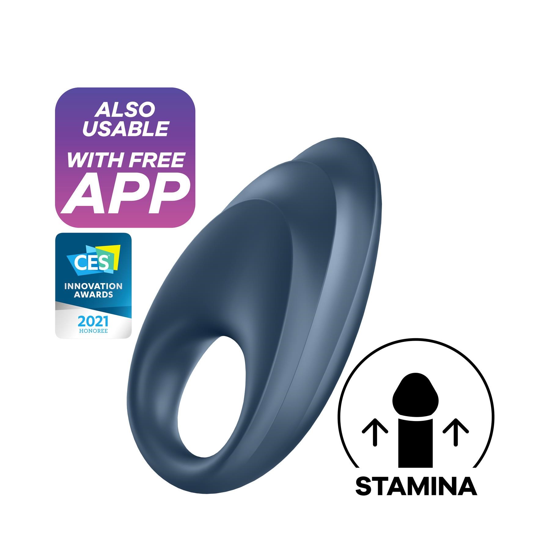 Satisfyer Powerful One Connect App Penis Ring with stamina logo and app feature