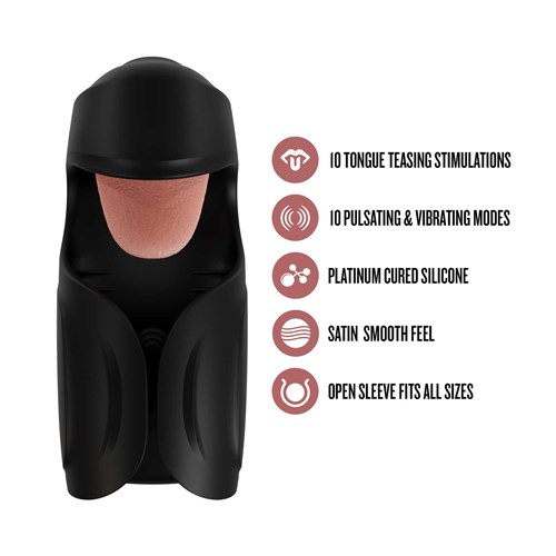 Lickety Split Vibrating Automatic Masturbator W/Tongue Licking Oral Stimulator features sheet