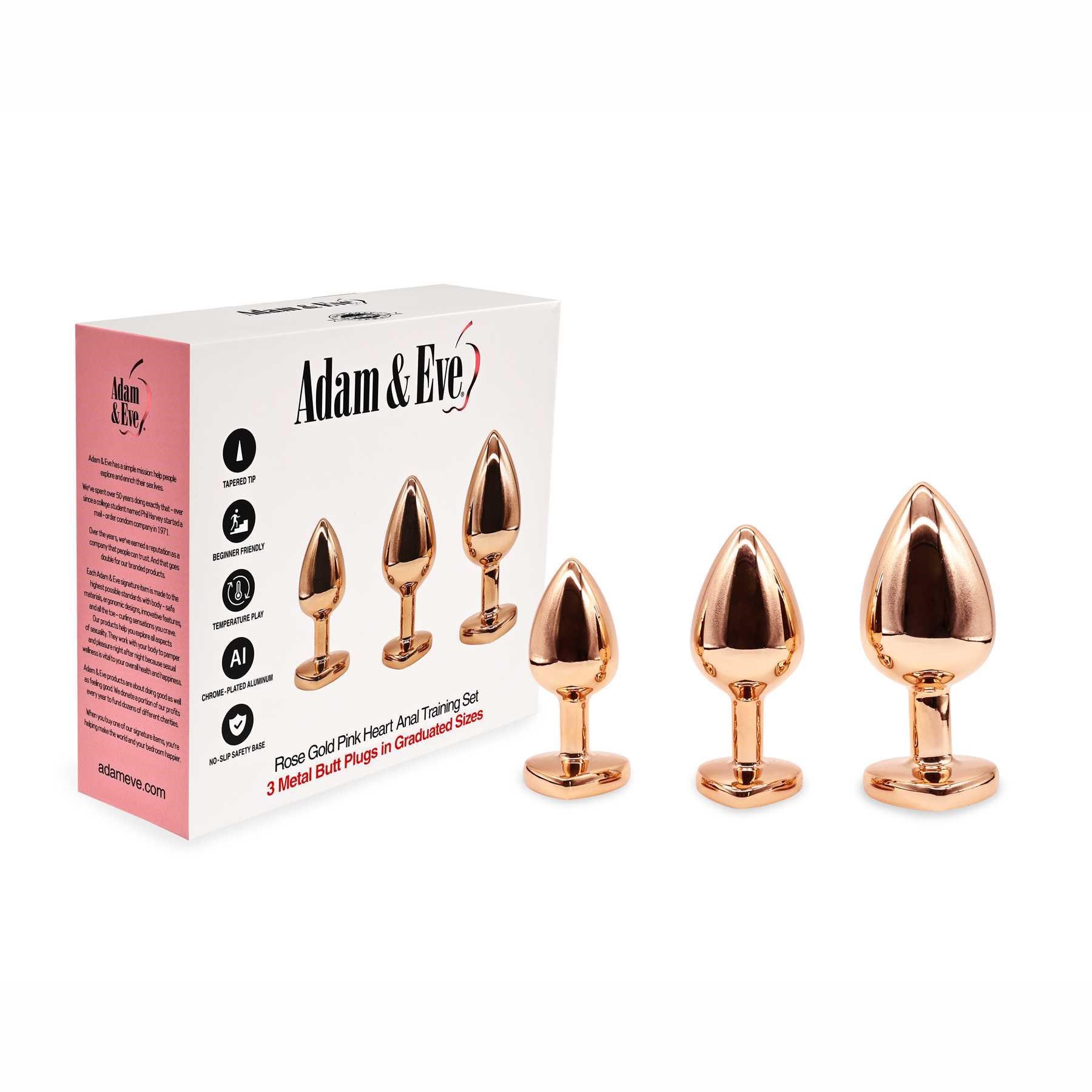 Adam & Eve Rose Gold Pink Heart Anal Training Set with front of box