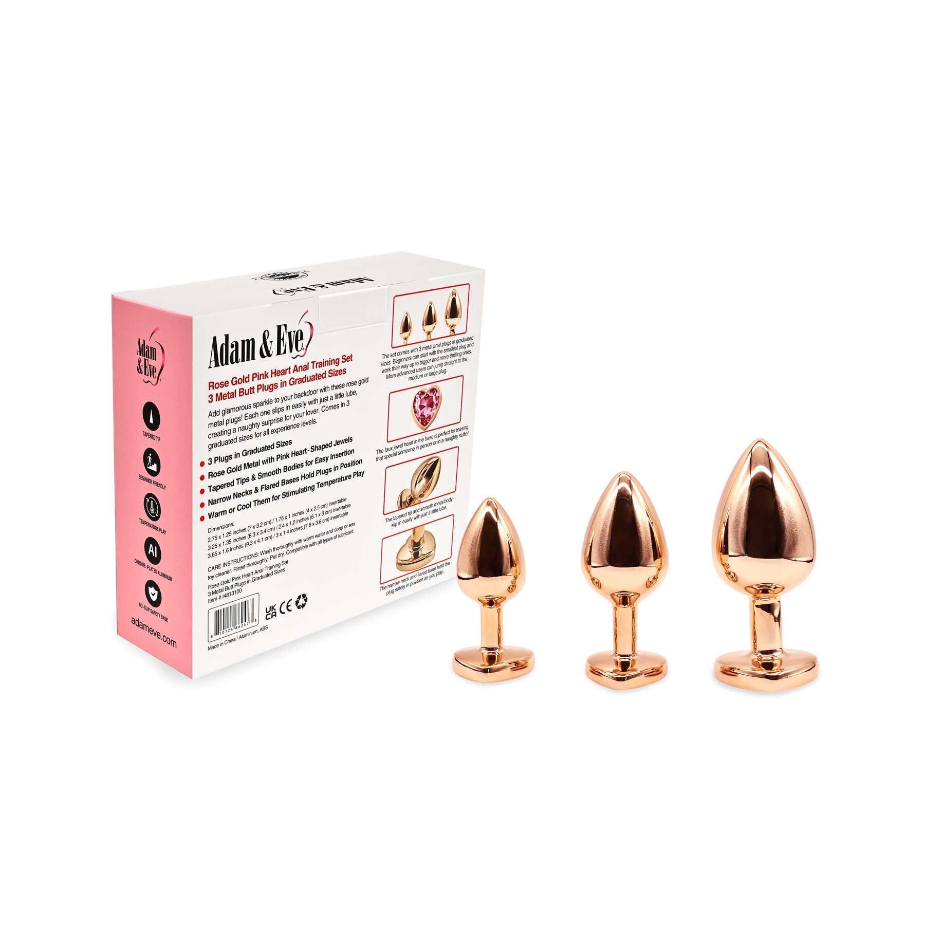 Adam & Eve Rose Gold Pink Heart Anal Training Set with back of box