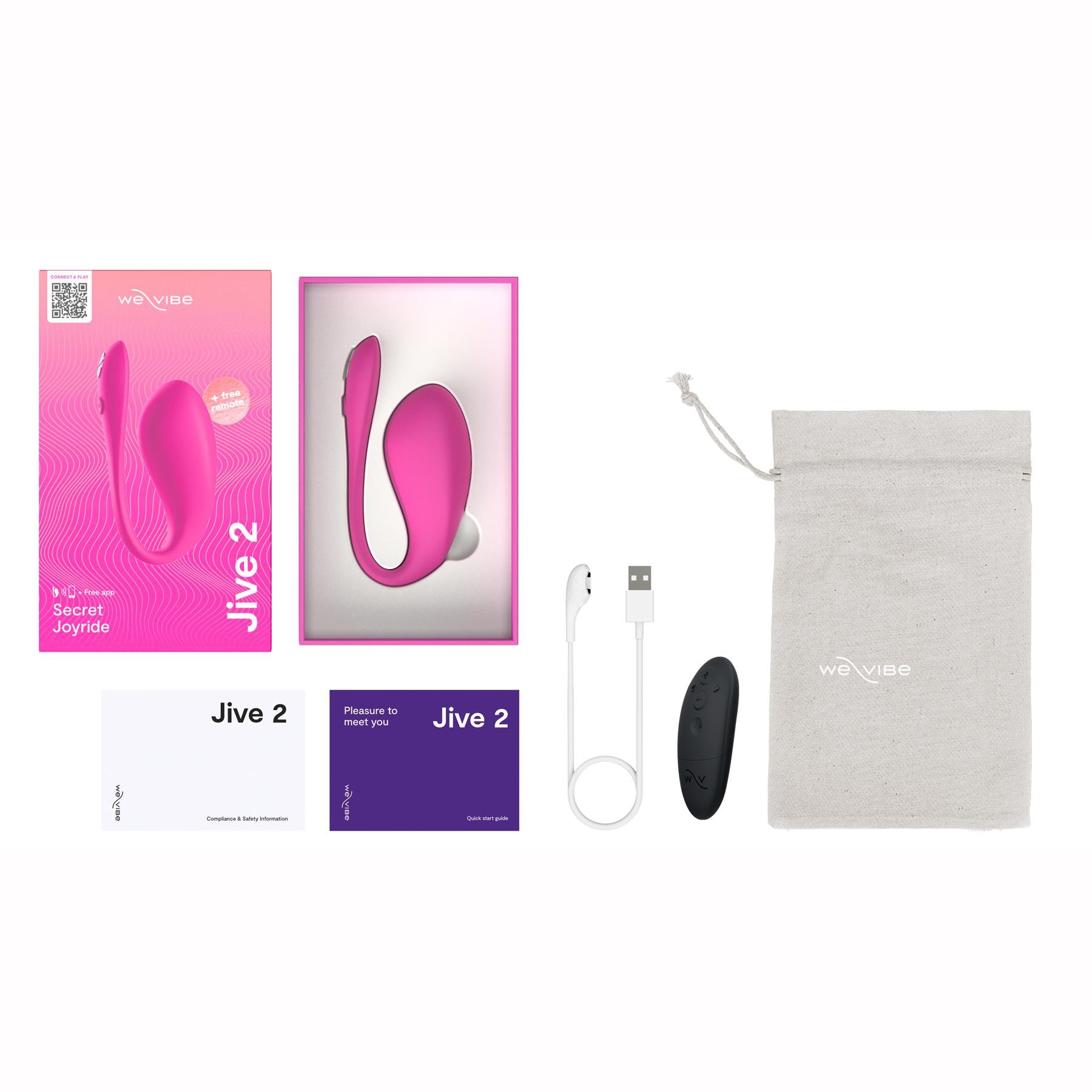 WE-VIBE JIVE 2 COUPLES VIBRATOR all pieces with product, charger, remote, and bag